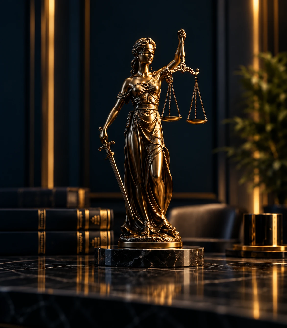 Estátua dourada da Justiça com venda, balança e espada, sobre pedestal de mármore ao lado de livros